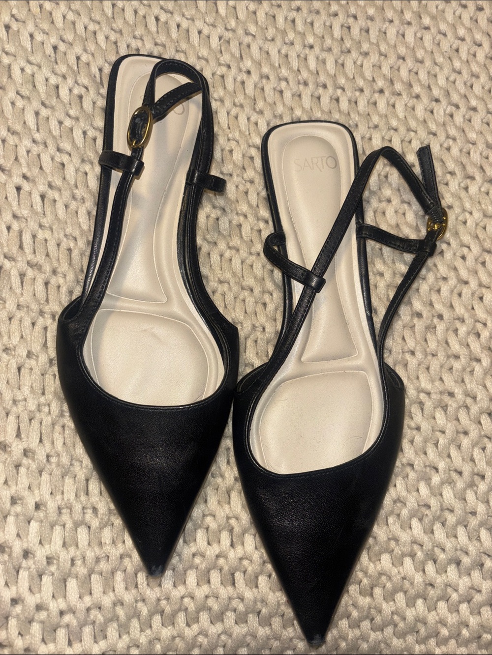 Franco Sarto Black Pointed Slingback Mules with Cream Insole